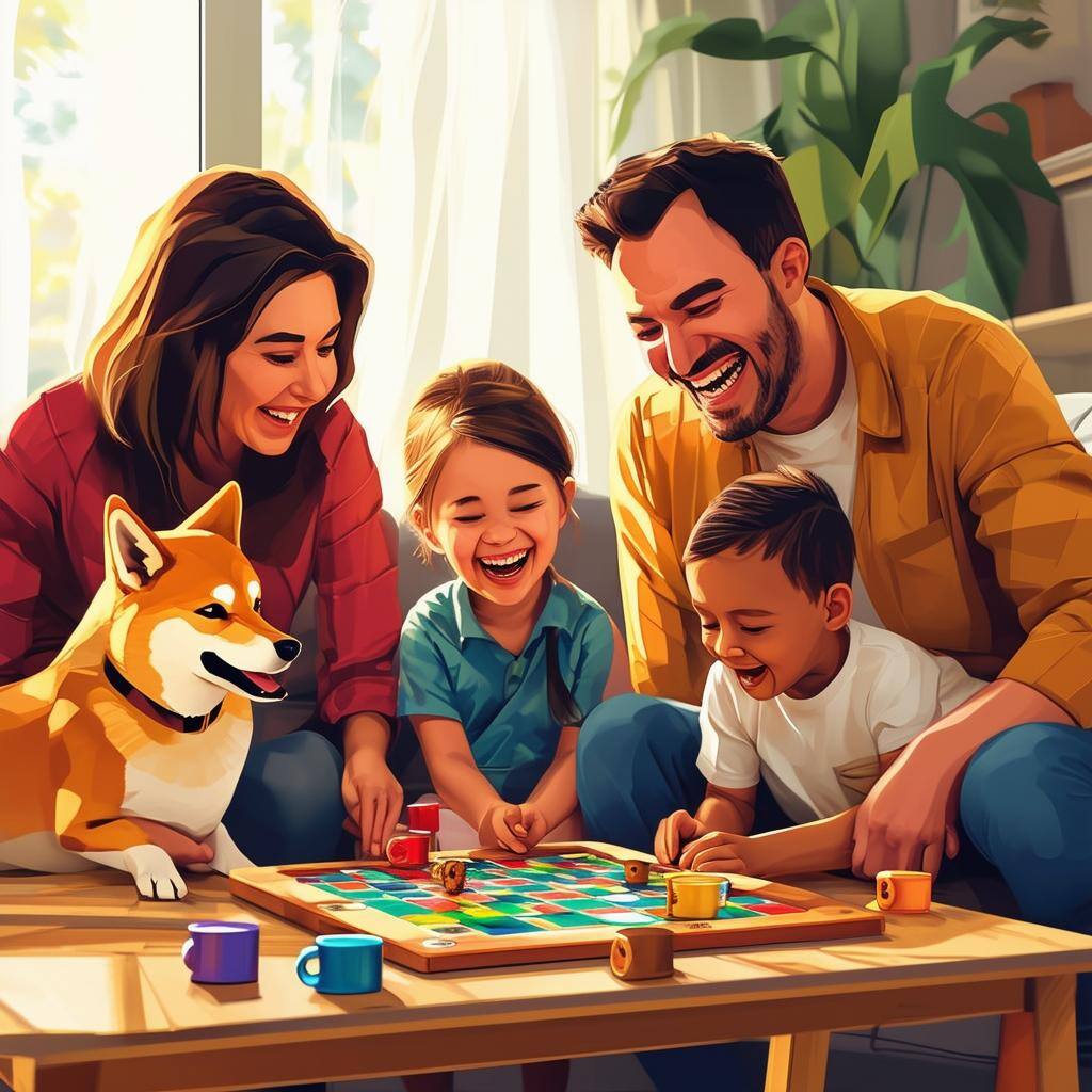 Picture of a caucasian family sitting around a coffee table laughing and playing board games